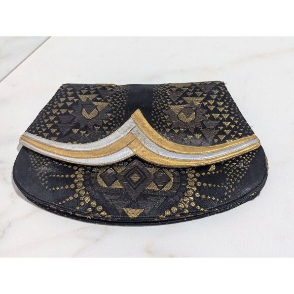 Vintage Black Silver Gold with Inside Mirror Fabric Evening Belt Bag - Picture 1 of 7